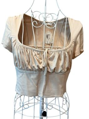 Salty Cream Ribbed Ruched Square Neck Tie Front Bustier Crop Top NWT L
